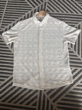 Men's White Short-Sleeve Crochet Button-Down Shirt